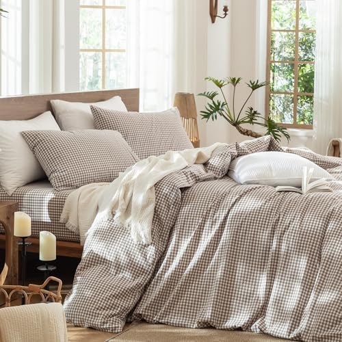 MooMee Gingham Duvet Cover Set 100% Washed Cotton Linen Like