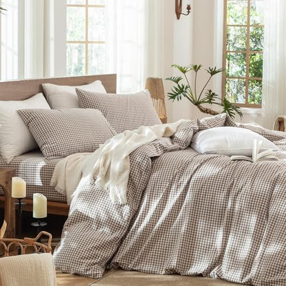 MooMee Gingham Duvet Cover Set 100% Washed Cotton Linen Like