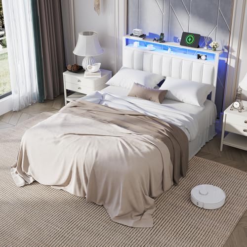 Furnulem White Full Size Bed Frame with Charging Station & LED Lights