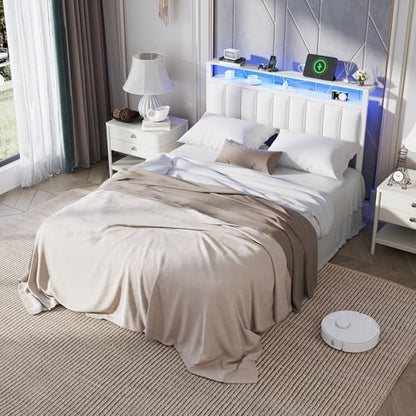 Furnulem White Full Size Bed Frame with Charging Station & LED Lights