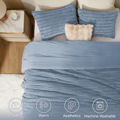 BEDELITE Faux Fur Queen Comforter Set, Fluffy Bed Set, Blue Fog