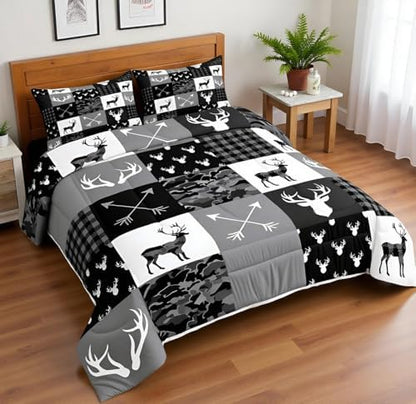 Camo Deer Comforter Set King Size,Western Rustic Farmhouse Xmas Bedding Set,Kids Boys Girls Room Decor,Antlers Arrows Geometric Plaids Comforter,Black Grey Retro Duvet Insert,3pcs,2 Pillowcases