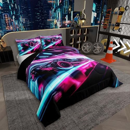 Erosebridal Kids Boys Girls Red Race Car Comforter Set King Size,Sports Cars Comforter Set for Teens Race Car Bedding Set Racing Cars Duvet Bed Set Room Decor Bedding Collection,Blue Black Pink
