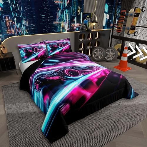 Pink Race Car Toddler Size Comforter Set for Boys,Glitter Ombre Striped Bedding for Kids,Neon Cool Speed Racing Car Comforter,Futuristic Sci-Fi Extreme Sports Game Bedding Sets for Boys Room Cecor