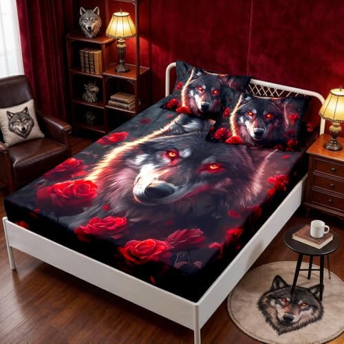 HOSIMA Floral Wolf Bedding Set Full for Teen,1 Fitted Sheet+2 Pillowcases.