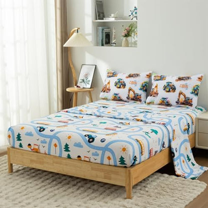 Holawakaka Trucks Excavator Boy Twin Bedding Comforter Set with Sheets