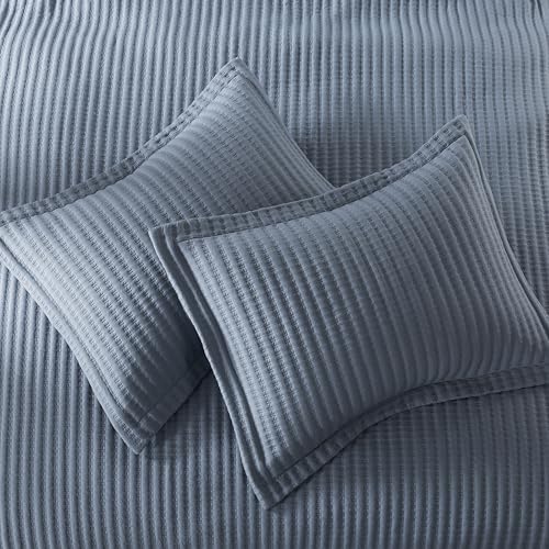 WDCOZY Dusty Blue Queen Size Quilt Set, Striped Pick Stitch Bedspread