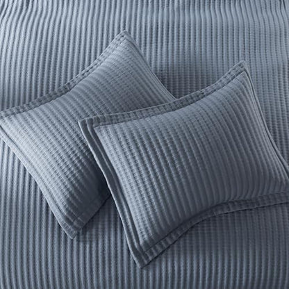 WDCOZY Dusty Blue Queen Size Quilt Set, Striped Pick Stitch Bedspread