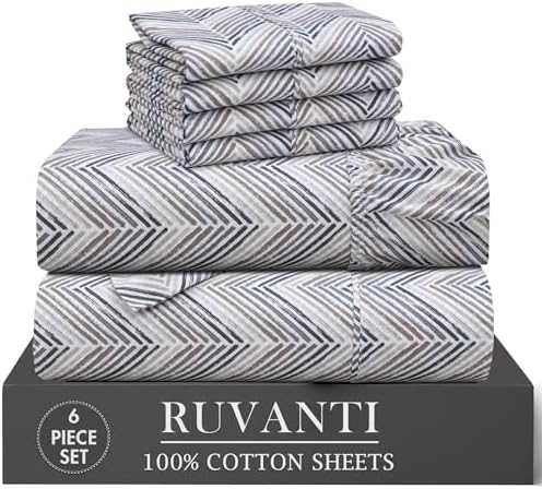 RUVANTI 100% Cotton Percale King Sheets, Crisp and Soft, Inverted Streak
