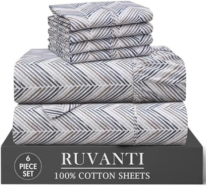 RUVANTI 100% Cotton Percale California King Sheet Set, Inverted Streak