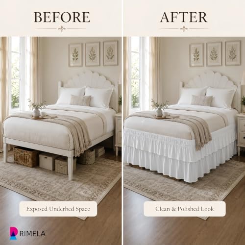 RIMELA Ruffle Bed Skirt White King 16 Inch Drop, Elastic Wrap Around Bed Skirts King Size, Easy to Install Dust Ruffle, Machine Washable Soft Fabric, Multi Ruffle Bedskirt