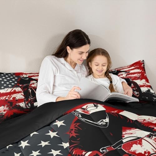 Feelyou Motocross Bedding Set Soft for Boys Girls,American Flag Pattern Comforter Set Queen Dirt Bike Duvet Quilt Red Splatter Elements Bedroom Decor Motorbike 3 Pcs with 2 Pillow Cases