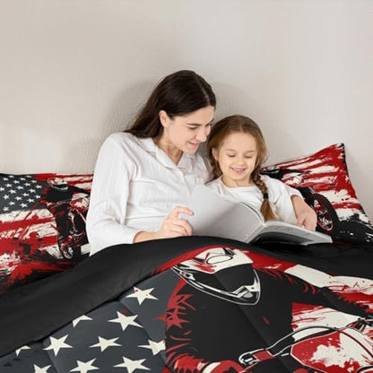 Feelyou Motocross Bedding Set Soft for Boys Girls,American Flag Pattern Comforter Set Queen Dirt Bike Duvet Quilt Red Splatter Elements Bedroom Decor Motorbike 3 Pcs with 2 Pillow Cases