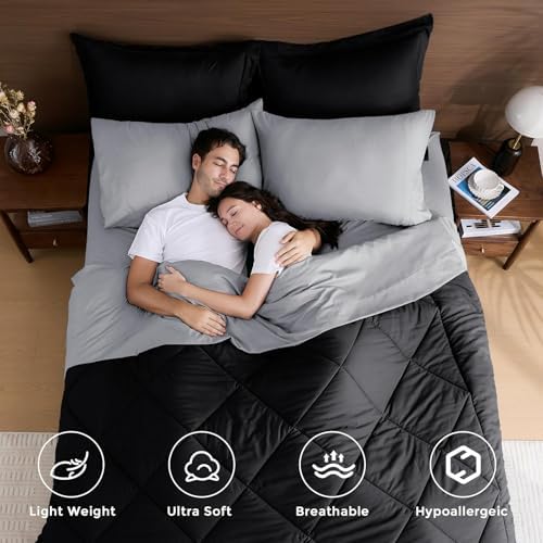 HEVUMYI 7-Piece Oversized King Comforter Set, Black & Light Grey Bed in a Bag
