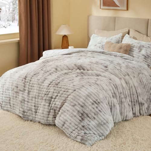 BEDELITE Fleece Twin/Twin XL Comforter Set, Fluffy Bed Set, Grey&White