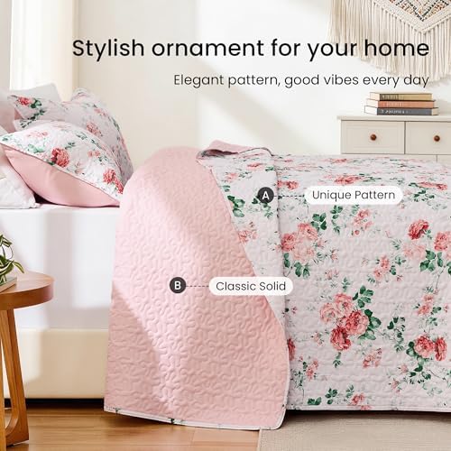 EXQ Home Printed Quilt Set Full Queen Size Pink Daphne Bedspread Set