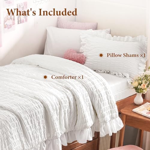 JOLLYVOGUE White Twin/Twin XL Comforter Set, 2 Pieces Seersucker Lightweight Fluffy Bedding Set, Twin Ruffle Comforter, All Season Soft Microfiber Shabby Chic Bed Set