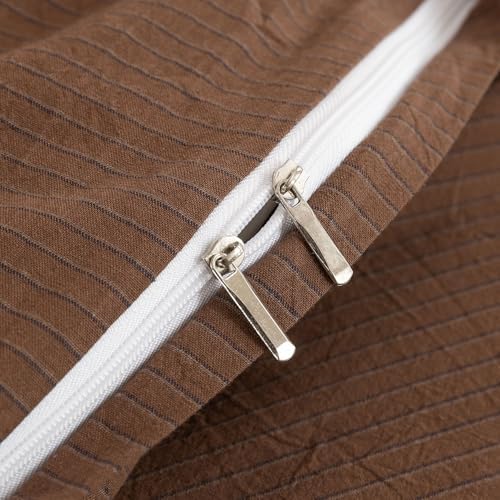 Mucalis Brown Striped Duvet Cover Queen 100% Washed Cotton Navy Pinstripe Duvet Cover Set 3 Piece Classic Stripes Bedding Full with Zipper Closure Corner Ties,Soft Breathable Lightweight Cozy