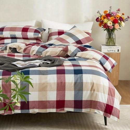 Buffalo Plaid Duvet Cover Set 3 Piece 100% Washed Cotton Linen Feel Farmhouse Bedding Comfy Breathable (Red Blue Buffalo Plaid, King)