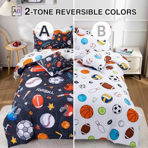 A Nice Night Rugby Basketball Bedding 6pc Twin Boys Comforter Sets,Gray