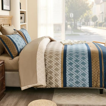 King Comforter Set 7 Pieces,Blue and Brown Boho Striped Bed in a Bag