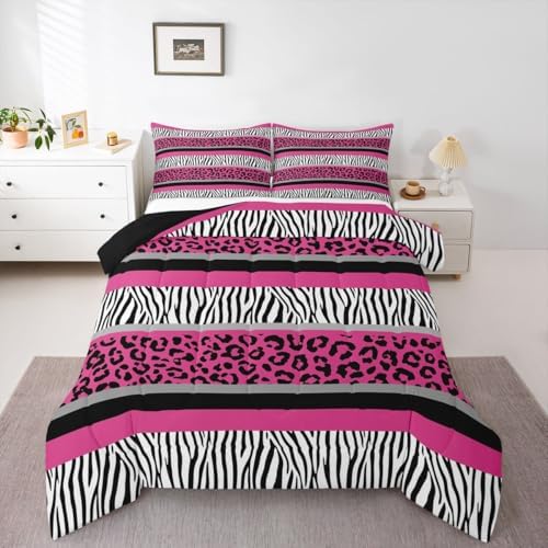 Zebra Stripes Comforter Leopard Print Comforter Set for Kids Boys Girls Pink Black White Zebra Leopard Fur Bedding Set Ultra Soft Decor Wild Animal Skin Texture Pattern Duvet Set Full Size Quilt Set