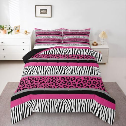 Zebra Stripes Comforter Leopard Print Comforter Set for Kids Boys Girls Pink Black White Zebra Leopard Fur Bedding Set Ultra Soft Decor Wild Animal Skin Texture Pattern Duvet Set Full Size Quilt Set