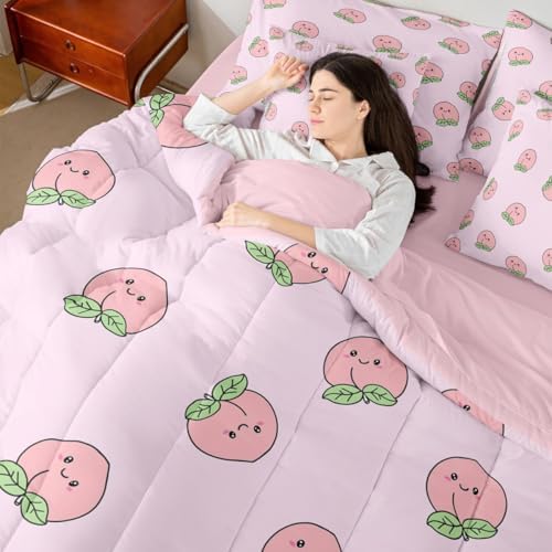 Erosebridal Cartoon King Comforter Set Pink Peach 7 Pieces Bedding Kids Kawaii Bed Set with Sheets Girl Lovely Cute Fruits Bed in A Bag Bedroom Decor