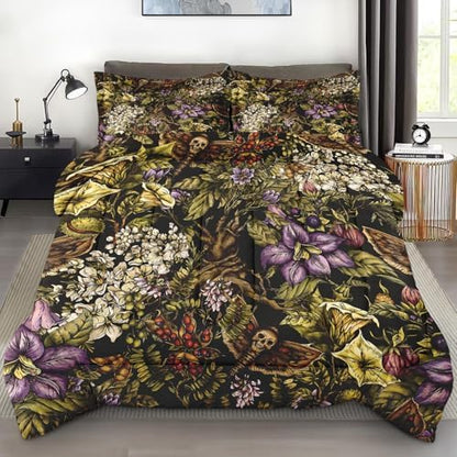 Pamnest Comforter Set Full Size, Vintage Flower Plants Soft 3 Pcs Bedding for Kids and Adults, Skull Moth Witch Comforter Set with 2 Pillowcases, for Bedroom Bed Decor