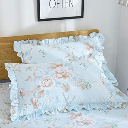 FADFAY Farmhouse Floral Bedding Shabby Blue Bird Print French Countryside Chic Bedding Set Luxury Bedskirt Collections 800 Thread Count 100% Egyptian Cotton, 4 Piece-King Size