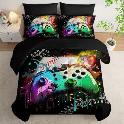 7Pcs Comforter Set Gamepad Baseball Printed Bedding Set with 1 Comforter, 1 Flat Sheet, 1 Fitted Sheet and 4 Pillowcases for Boys and Girls Bedroom (Gamepad-3 Full