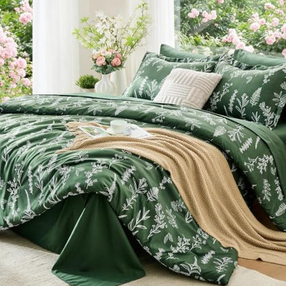 MUXHOMO Dark Green Cal King Comforter Set, Elegant Floral Print Bed in a Bag 7 Pieces, Ultra Soft & Breathable Reversible Botanical Pattern Bedding Set with Comforter, Sheets, Pillowcases, and Shams