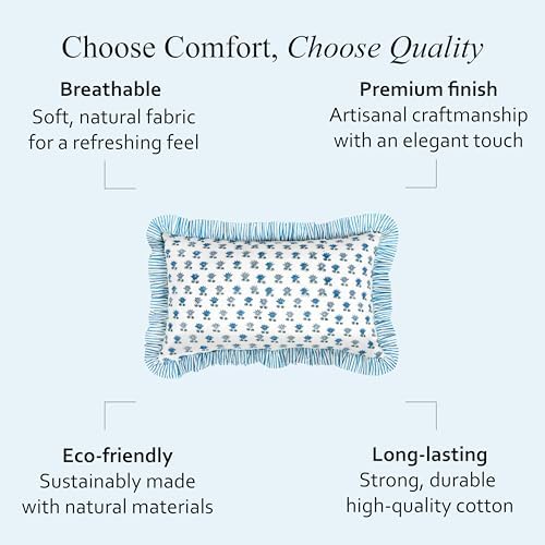 CPC Block Print Arctic Blue Ruffle Cotton Lumbar Pillow Cover 12x20 inch