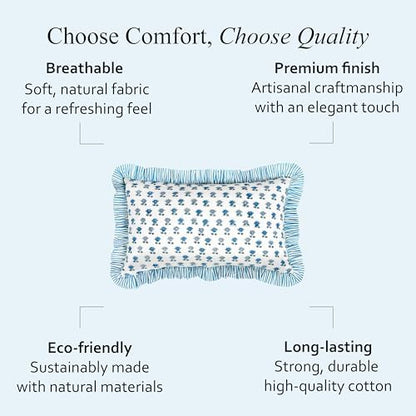 CPC Block Print Arctic Blue Ruffle Cotton Lumbar Pillow Cover 12x20 inch