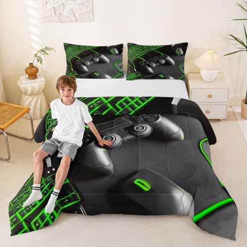 Feelyou Gamer Comforter Set All Season Gaming Bedding Set with 2 Pillow Cases Game Room Decor Microfiber Kids Queen Bedclothes Gamepad Bedroom Decor Green Duvet Quilt Breathable Soft Lightweight