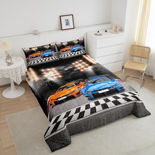 Feelyou Sports Car Comforter Toddler Size Decor Orange Blue Race Car Comforter Set for Kids Boys Racing Car Bedding Set Extreme Sports Competitive Quilt Set Room Decorations
