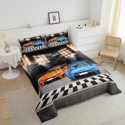 Feelyou Sports Car Comforter King Size Decor Orange Blue Race Car Comforter Set for Kids Boys Racing Car Bedding Set Extreme Sports Competitive Quilt Set Room Decorations