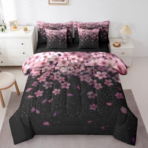 Erosebridal Cherry Blossom Twin Comforter Set Pink Flower 7 Pieces Bedding Petal Floral Bed Set with Sheets Starry Sky Girly Bed in A Bag Bedroom Decor