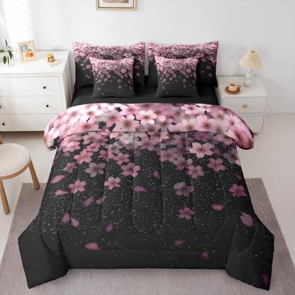 Erosebridal Cherry Blossom King Comforter Set Pink Flower 7 Pieces Bedding Petal Floral Bed Set with Sheets Starry Sky Girly Bed in A Bag Bedroom Decor