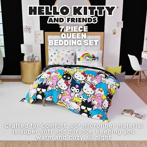 Franco Collectibles Hello Kitty & Friends Bedding 7 Piece Super Soft Comforter and Sheet Set with Sham, Queen, (Official Licensed Product)