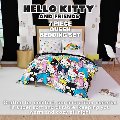 Franco Collectibles Hello Kitty & Friends Bedding 7 Piece Super Soft Comforter and Sheet Set with Sham, Queen, (Official Licensed Product)