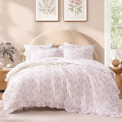 Andency Pink Bow Ruffle Comforter Queen, 3 Pieces Floral Bedding