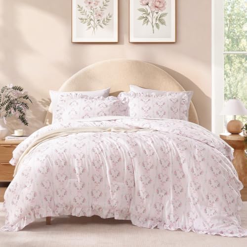 Andency Pink Bow Ruffle Comforter Full, 3 Pieces Floral Bedding