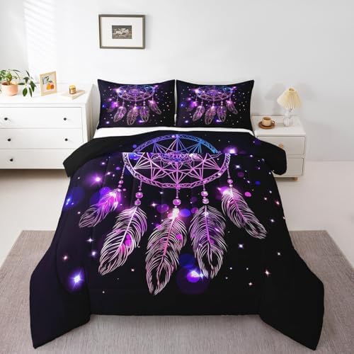 Erosebridal Dream Catcher Feather Comforter Set, Bohemian Mandala Down Comforter King Size for Kids Girls Boys, Starry Sky Galaxy Bedding Set Boho Tie Dye Exotic Flower Quilted Duvet, Purple