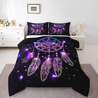 Erosebridal Dream Catcher Feather Comforter Set, Bohemian Mandala Down Comforter King Size for Kids Girls Boys, Starry Sky Galaxy Bedding Set Boho Tie Dye Exotic Flower Quilted Duvet, Purple