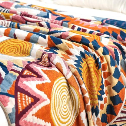 VANJOROY Boho Throw Blanket, 100% Organic Muslin Cotton Skin-Friendly Breathable Ultra Soft Bed Quilt Throw - All Season Decor Colorful Blanket for Sofa Couch Chair and Gift. 91" x 108"