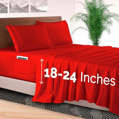 Elegant Comfort 4-Piece Bed Sheet Set - Luxury Bedding 1500 Premium Hotel Quality Microfiber, All Around Elastic 18-24 Inches Deep Fitted Sheet- Extra Deep Pocket Sheets, King, Red