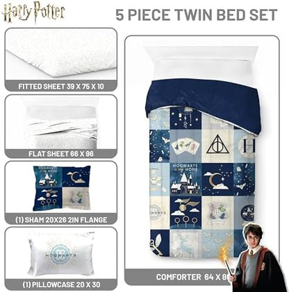 Harry Potter Twin Comforter Set 5 Piece Soft Hogwarts Bedding, Multi
