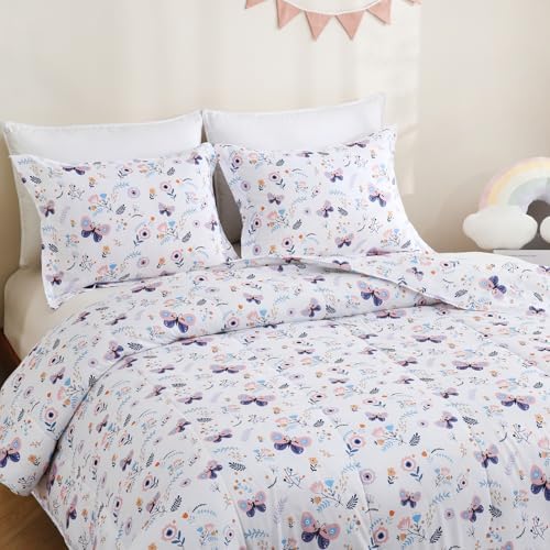 Yibeizi Floral Butterfly Comforter Set for Girls Twin Size Bedding