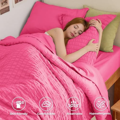 HYMOKEGE Hot Pink Twin Comforter Set Seersucker 5 Pieces, All Season Luxury Bed in a Bag for Bedroom, Bedding Set with Comforter, Sheets, Pillowcase & Sham